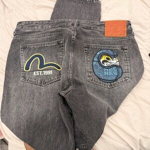 Evisu Gray Jeans with Yellow and Blue Graphics
